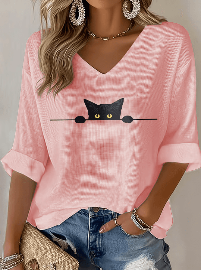Playful Cat Print Waffle T-shirt - Image 2