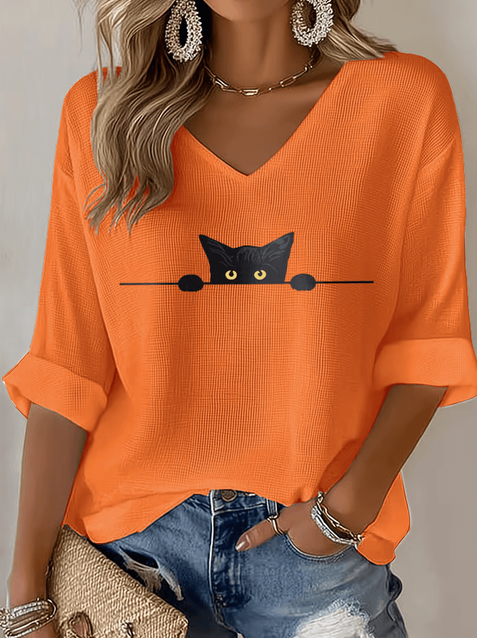 Playful Cat Print Waffle T-shirt - Image 3