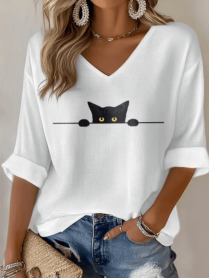playful-cat-print-waffle-t-shirt - Preview