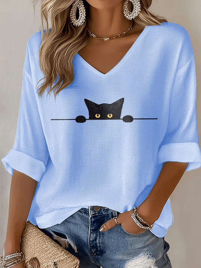 Playful Cat Print Waffle T-shirt - Image 5