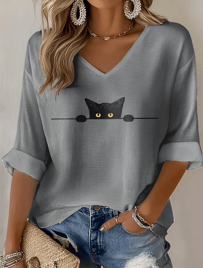Playful Cat Print Waffle T-shirt - Image 4